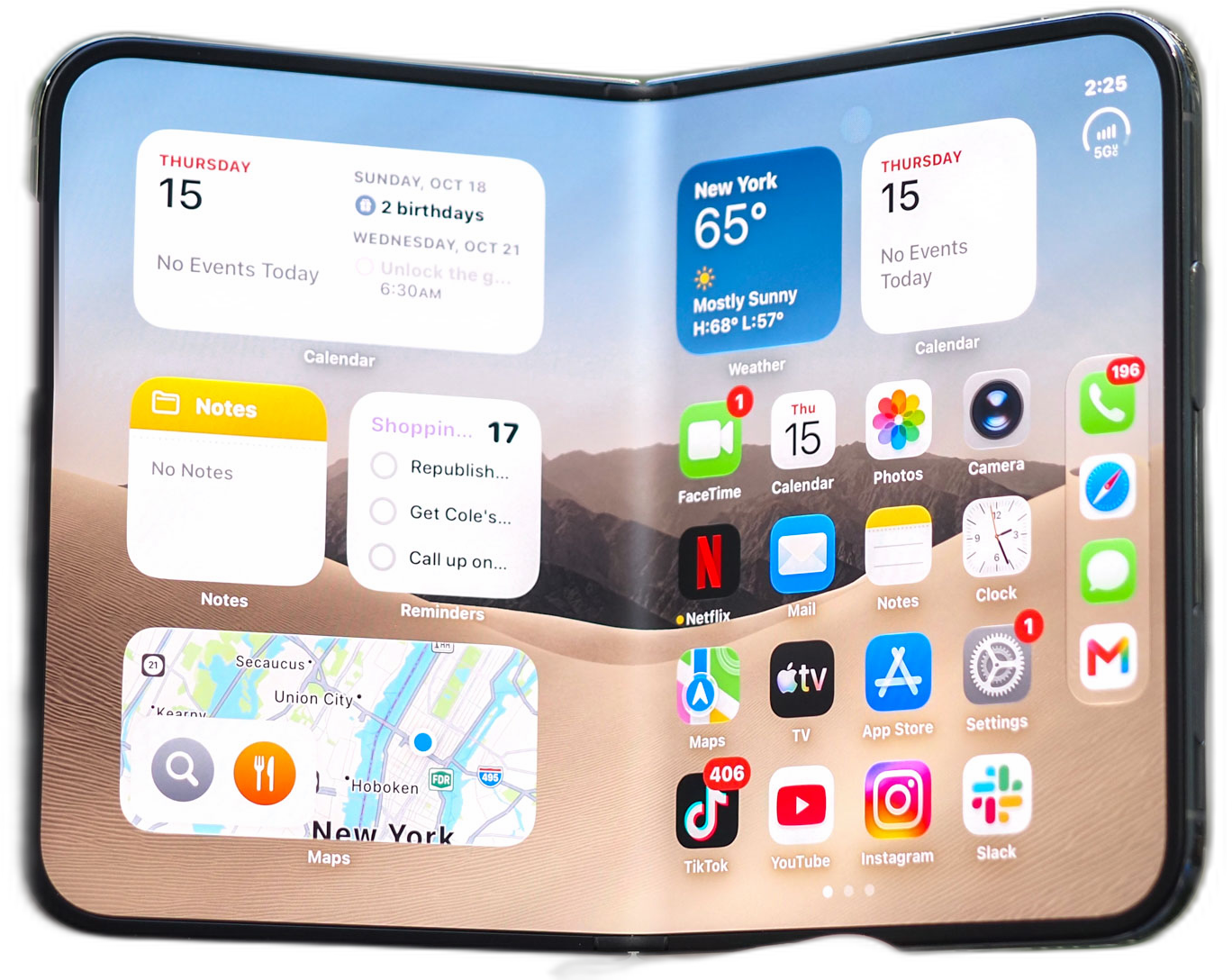 iPhone Duo held open, showing the 7.6-inch inner display with widgets and apps